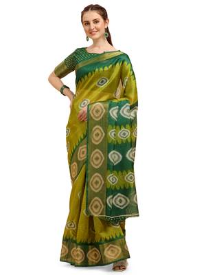 Green printed cotton poly saree with blouse 1