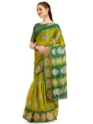 Green printed cotton poly saree with blouse 3