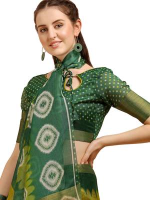 Green printed cotton poly saree with blouse 4
