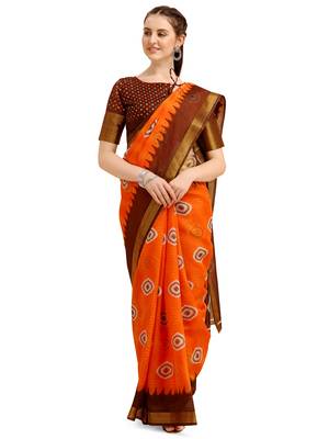 Orange printed cotton poly saree with blouse 1