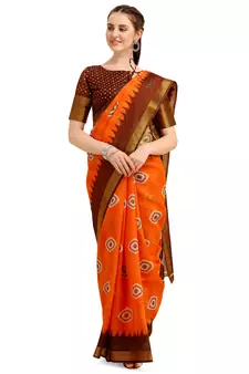 Orange printed cotton poly saree with blouse