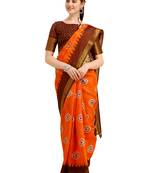 Orange printed cotton poly saree with blouse