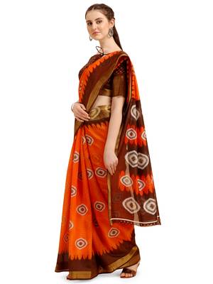 Orange printed cotton poly saree with blouse 2