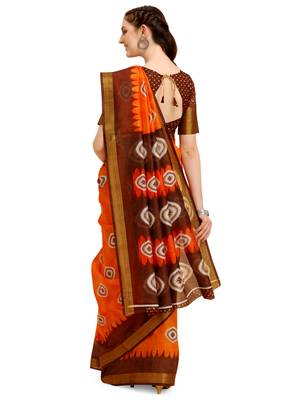 Orange printed cotton poly saree with blouse 3
