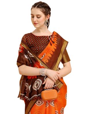 Orange printed cotton poly saree with blouse 4