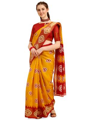 Yellow printed cotton poly saree with blouse 1
