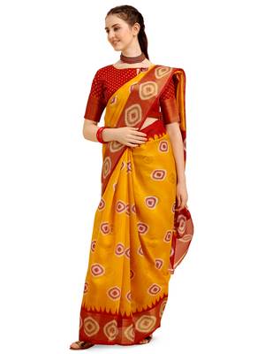 Yellow printed cotton poly saree with blouse 2