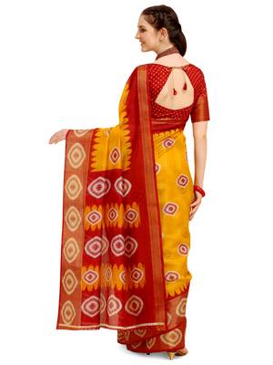 Yellow printed cotton poly saree with blouse 3