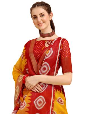 Yellow printed cotton poly saree with blouse 4