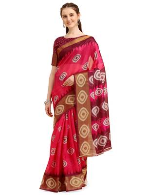 Pink printed cotton poly saree with blouse 1