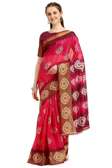 Pink printed cotton poly saree with blouse