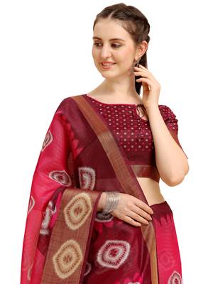 Pink printed cotton poly saree with blouse 4