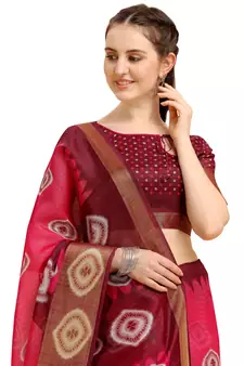 Pink printed cotton poly saree with blouse