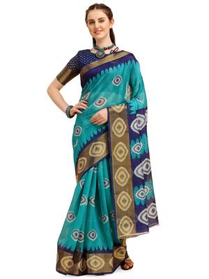 Dark aqua blue printed cotton poly saree with blouse 1