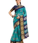 Dark aqua blue printed cotton poly saree with blouse