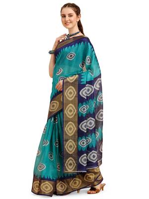Dark aqua blue printed cotton poly saree with blouse 2