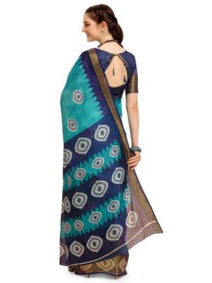 Dark aqua blue printed cotton poly saree with blouse 3