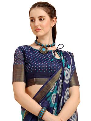 Dark aqua blue printed cotton poly saree with blouse 4
