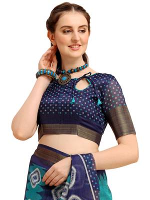 Dark aqua blue printed cotton poly saree with blouse 5