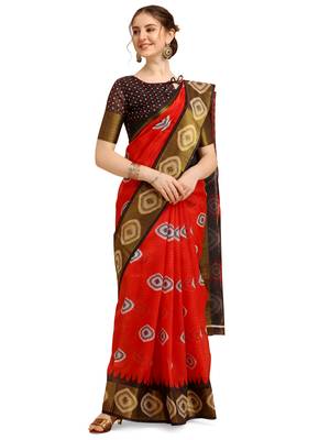 Red printed cotton poly saree with blouse 1