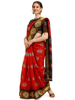 Red printed cotton poly saree with blouse 2