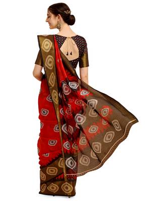 Red printed cotton poly saree with blouse 3