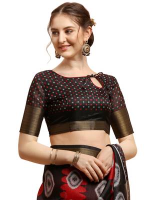 Red printed cotton poly saree with blouse 4
