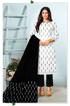 White Printed Cotton Unstitched Salwar Kameez With Dupatta
