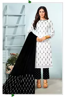 White Printed Cotton Unstitched Salwar Kameez With Dupatta