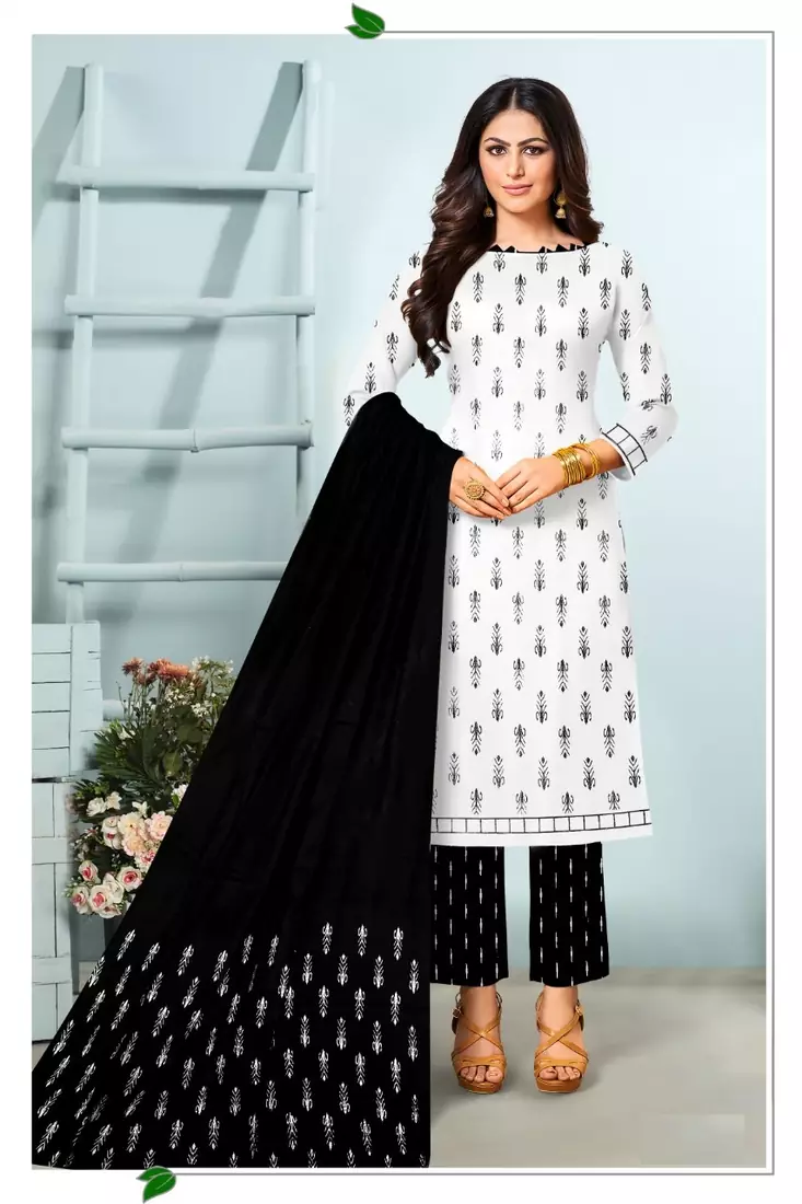 White Printed Cotton Unstitched Salwar Kameez With Dupatta