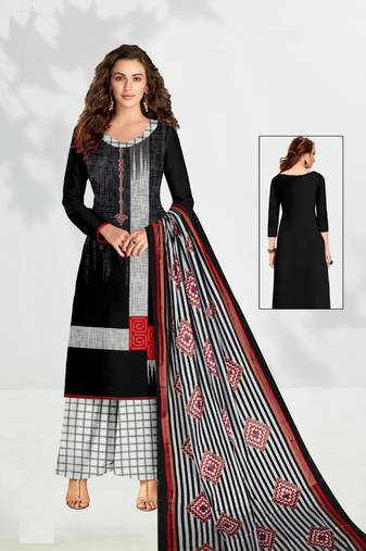 Black Plain Cotton Unstitched Salwar Kameez With Dupatta