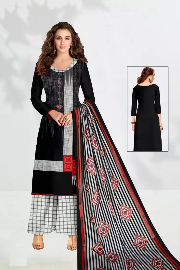 Black Plain Cotton Unstitched Salwar Kameez With Dupatta