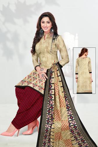 Beige Printed Cotton Unstitched Salwar Kameez With Dupatta