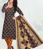 Brown Printed Cotton Unstitched Salwar Kameez With Dupatta