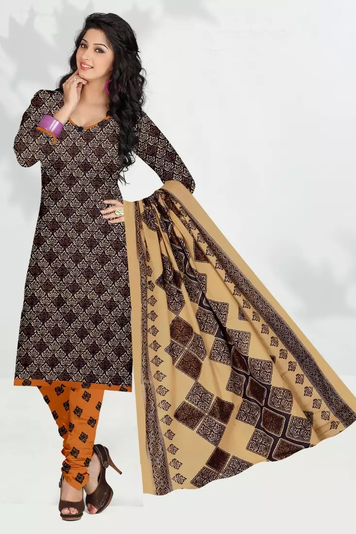 Brown Printed Cotton Unstitched Salwar Kameez With Dupatta