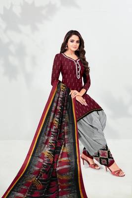 Maroon Printed Cotton Unstitched Salwar Kameez With Dupatta 1