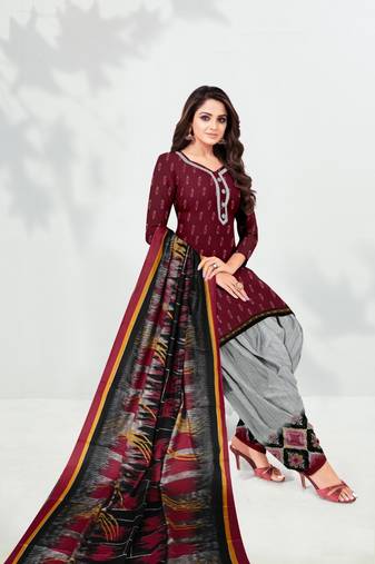Maroon Printed Cotton Unstitched Salwar Kameez With Dupatta