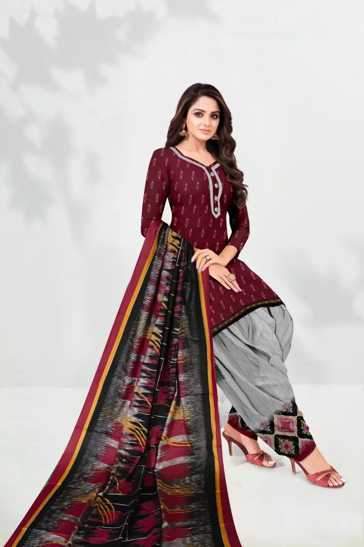 Maroon Printed Cotton Unstitched Salwar Kameez With Dupatta