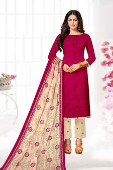 Red Plain Cotton Unstitched Salwar Kameez With Dupatta