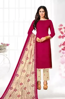 Red Plain Cotton Unstitched Salwar Kameez With Dupatta