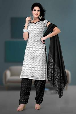 White Floral Print Cotton Unstitched Salwar Kameez With Dupatta 1