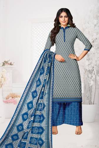 Grey Abstract Print Cotton Unstitched Salwar Kameez With Dupatta