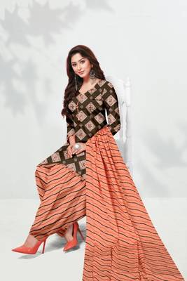 Brown Abstract Print Cotton Unstitched Salwar Kameez With Dupatta 1