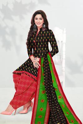 Black Floral Print Cotton Unstitched Salwar Kameez With Dupatta 1