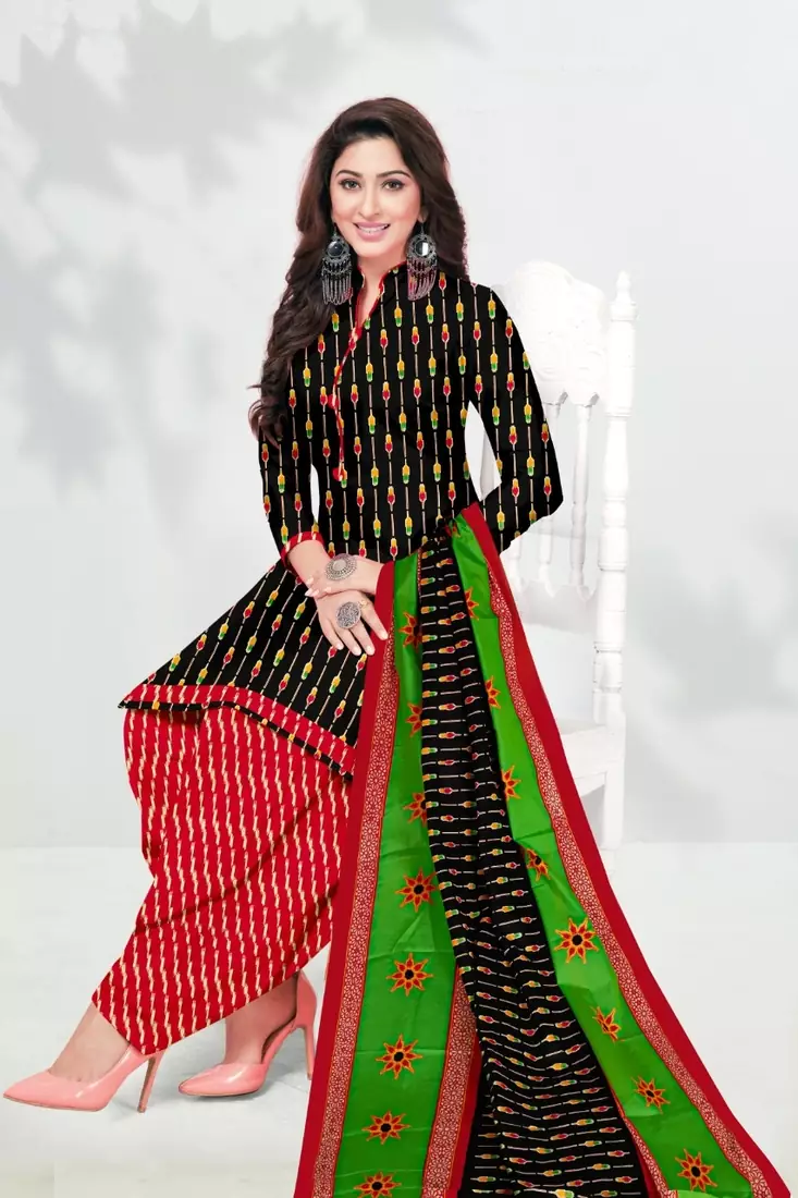 Black Floral Print Cotton Unstitched Salwar Kameez With Dupatta