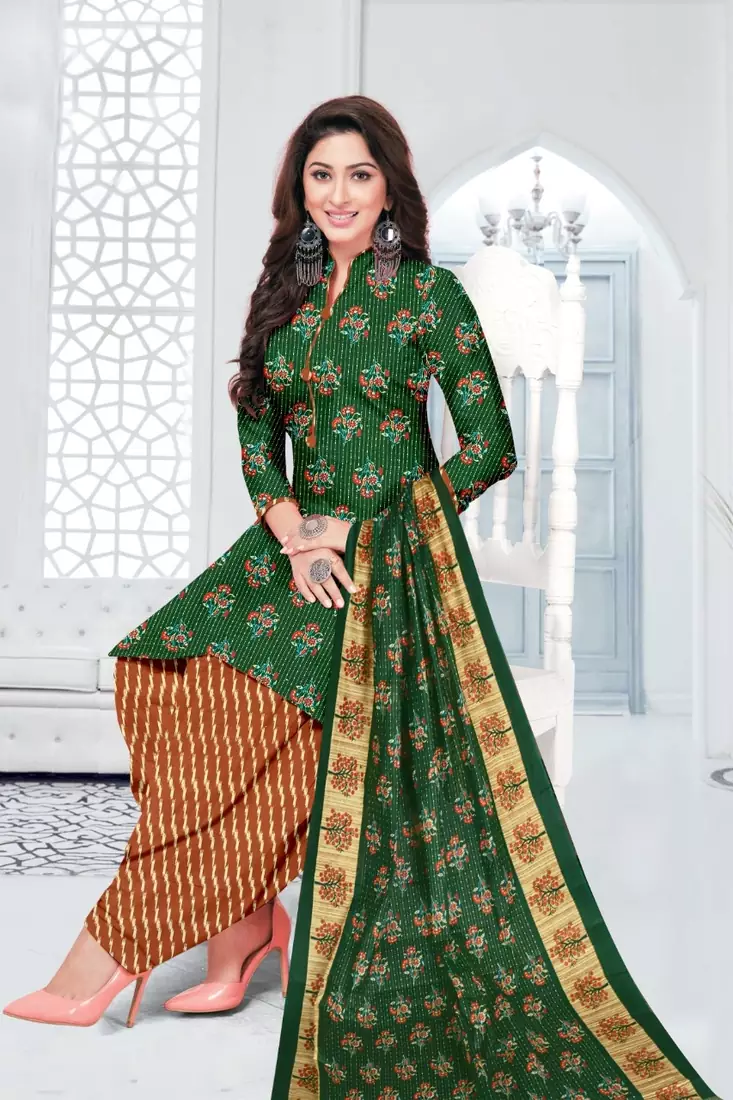 Green Floral Print Cotton Unstitched Salwar Kameez With Dupatta
