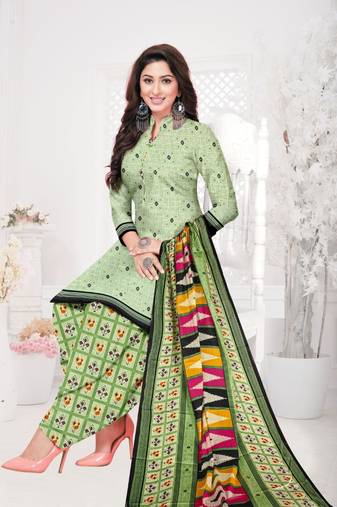 Green Floral Print Cotton Unstitched Salwar Kameez With Dupatta