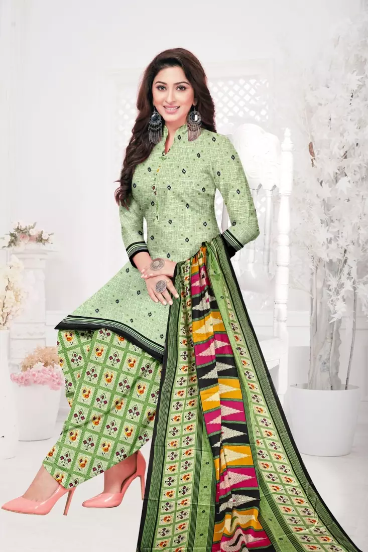 Green Floral Print Cotton Unstitched Salwar Kameez With Dupatta
