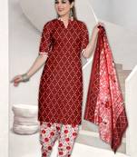 Red Floral Print Cotton Unstitched Salwar Kameez With Dupatta