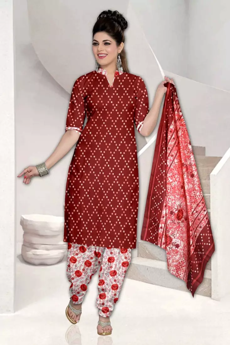 Red Floral Print Cotton Unstitched Salwar Kameez With Dupatta
